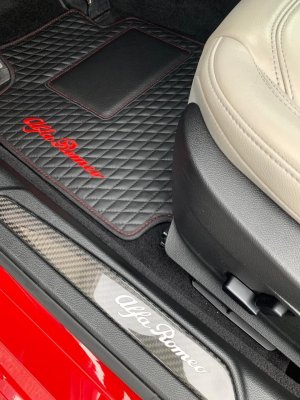 Alfa Romeo Giulia Floor Mats - Italian Leather - Front + Rear Set - Black w/ Red Stitching